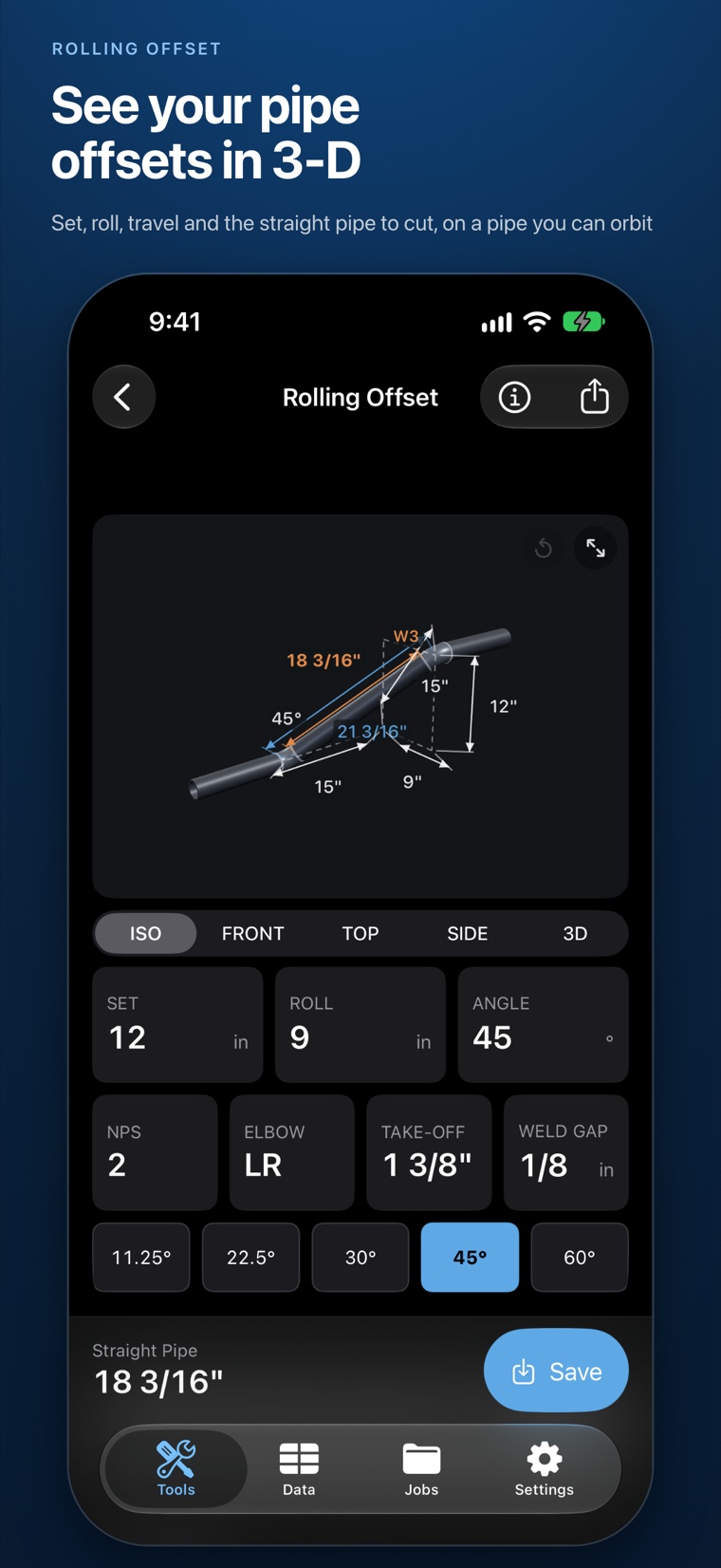 FitterForge screenshot: See your offsets in 3-D. A rolling offset with set 12, roll 9 and a 45-degree angle, drawn as a 3-D pipe with its dimensions, and the straight pipe to cut, 18 3/16 inches, pinned above the keyboard.