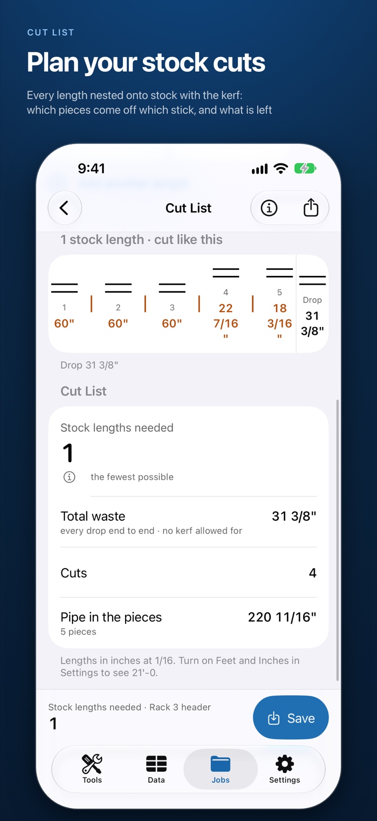 Plan your stock cuts: every length nested onto stock with the kerf, which pieces come off which stick, and what is left.